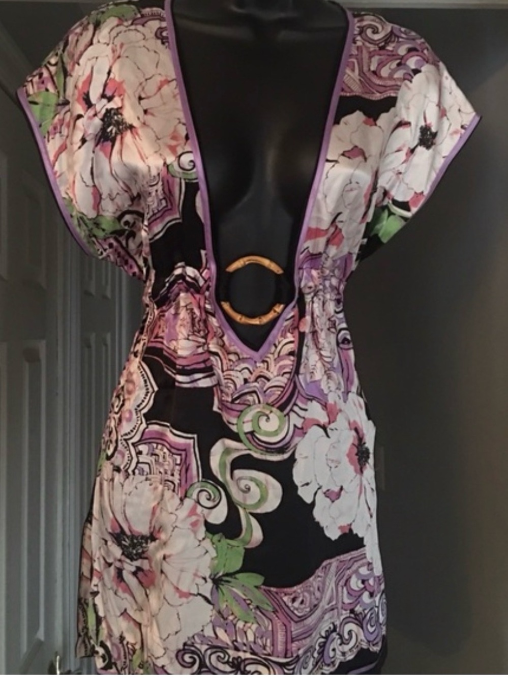 🪻SOLD🪻bebe Black Floral V-Neck Top with Lavender and Pink Accents